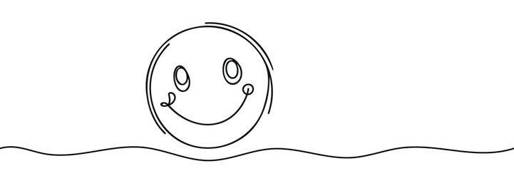 One continuous line art smiling face isolated vector illustration on white background.