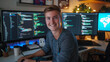 © Sourov - A young programmer in a cozy home office, surrounded by computer screens displaying code