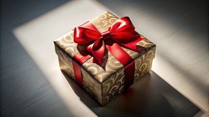 Wall Mural - Grand Surprise Giant ornately wrapped gift box with a majestic red bow casting a long shadow , gift, surprise, present, box, wrapped