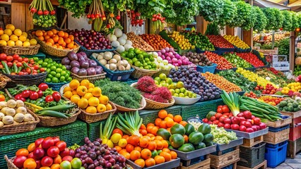 Wall Mural - Vibrant farmers market stall overflowing with a variety of fresh, colorful fruits and vegetables , abundance, vibrant