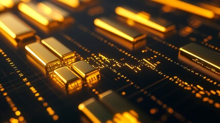 Leinwandbilder - A close-up of a 3D gold bar chart on a digital screen, with gleaming gold bars rising from a grid, representing financial or investment data with a luxurious touch