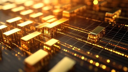 Leinwandbilder - A close-up of a 3D gold bar chart on a digital screen, with gleaming gold bars rising from a grid, representing financial or investment data with a luxurious touch