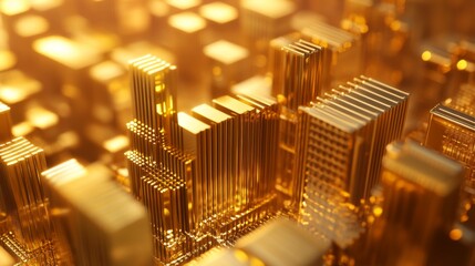 Leinwandbilder - A close-up of a 3D gold stacked column graph with golden layers and segments, illustrating a breakdown of financial data with a luxurious and detailed presentation.