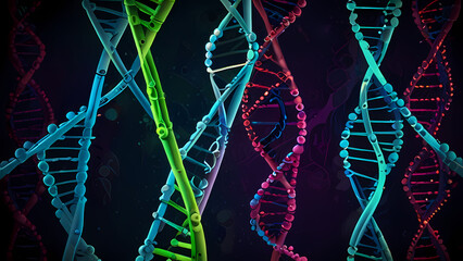 abstract illustration background representing the concept of genetics, featuring intertwining DNA strands, vibrant chromosome structures, and molecular patterns