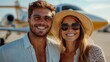 © Pinklife - A happy couple dressed in summer clothes smile broadly while standing together in front of an airplane at the airport, ready for a sunny adventure.