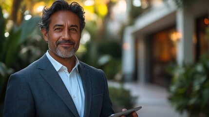 Wall Mural - Confident Man in Suit Holding Tablet