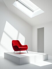 Modern Red Lounge Chair on White Platform in Minimalist Room with Skylight - Product Photography