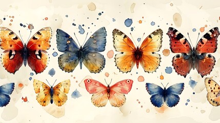 An artistic watercolor pattern showcasing various butterflies and insects, painted in rich colors with delicate wing patterns, arranged in a seamless, flowing design with soft edges and smooth transit