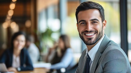 Poster - Confident and Successful: A charismatic businessman exudes confidence and success with a bright smile, a sharp suit, and a professional demeanor.  