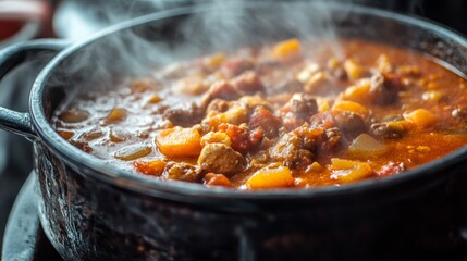 Poster - A close-up of a hot and spicy stew in a pot with steam escaping from the lid, showcasing the hearty and flavorful nature of the dish and the warmth it provides.