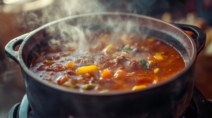 Wall Mural - A close-up of a hot and spicy stew in a pot with steam escaping from the lid, showcasing the hearty and flavorful nature of the dish and the warmth it provides.