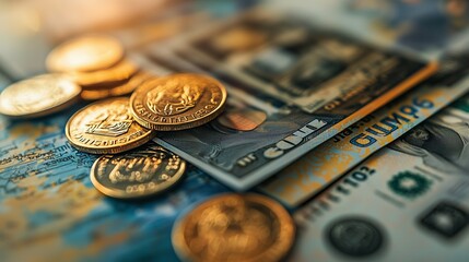 Close-up of gold coins on dollar bills.