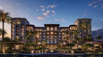 Canvas Print - A luxury hotel under construction, showcasing elegant design and top-tier amenities that promise a lavish experience for future guests.