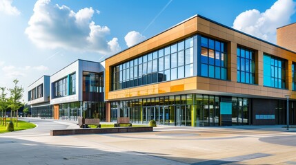 Sticker - A modern school building facade showcasing architectural excellence and functionality.