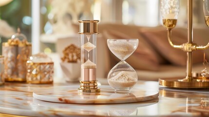 Poster - A sand clock with a marble base and gold accents, exuding luxury and sophistication while marking the passage of moments.