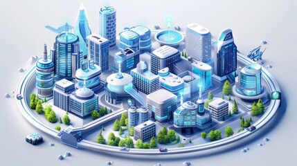 Poster - A futuristic isometric city featuring advanced architecture, smart buildings, and innovative urban planning, representing the city of tomorrow.