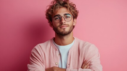 Wall Mural - Handsome Man Posing in Pink Studio