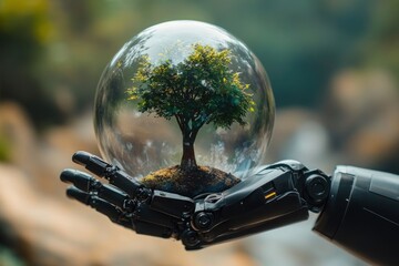 Wall Mural - Robot Hand Holding a Glass Globe with a Tree Inside