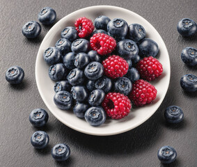 Wall Mural - A white plate with blueberries and raspberries