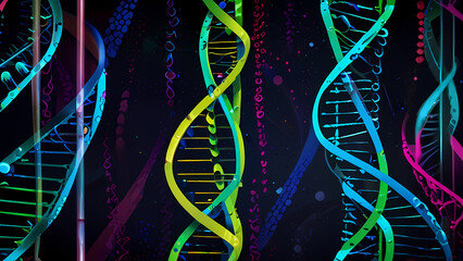 Wall Mural - abstract illustration background representing the concept of genetics, featuring intertwining DNA strands, vibrant chromosome structures, and molecular patterns