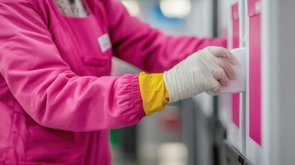 Gloved hand disinfecting a voting booth, emphasizing hygiene and safety during the electoral process, promoting public health and trust in democratic participation