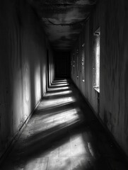 Wall Mural - Dark Creepy Hallway: Abandoned Architecture with Long Shadows and Skittish Walls