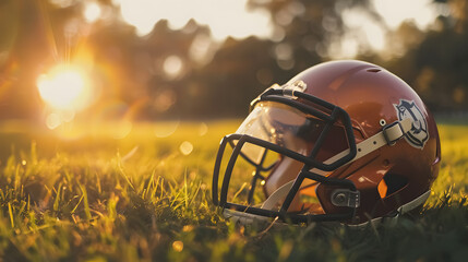 An American football helmet on the grass, serving as sports safety equipment on turf during 