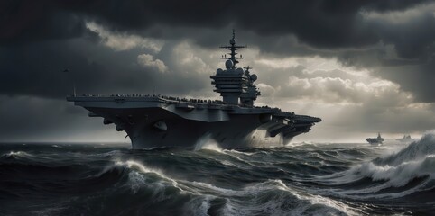 aircraft carrier with jets over turbulent sea
