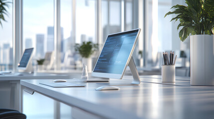 Modern office with a computer and coding software on the screen, a white desk,