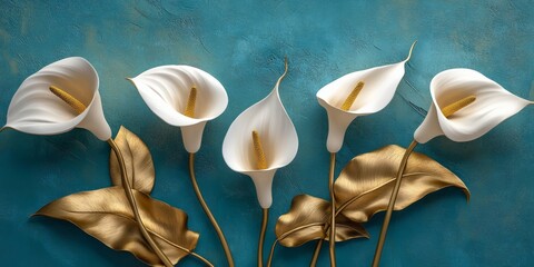 This stunning 3D artistic representation showcases elegant golden calla lilies set against a beautifully crafted artistic blue backdrop, blending elegance and natural beauty in perfect harmony