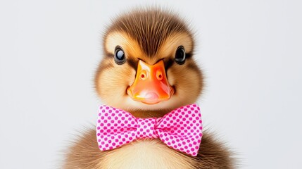 A baby duck wearing a pink bow tie. The duck is smiling and looking at the camera. The bow tie adds a playful and cute element to the image