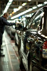 Wall Mural - Engineer Inspecting Car Paint Finish on Assembly Line in High-Tech Manufacturing Facility