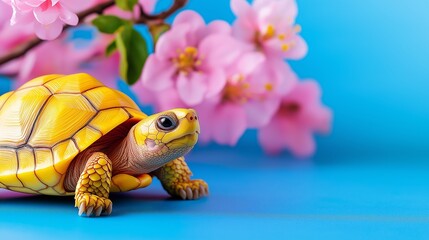 Wall Mural - A yellow turtle is standing in front of pink flowers. The turtle is the main focus of the image, and the pink flowers are in the background. The image has a peaceful and calming mood, as the turtle