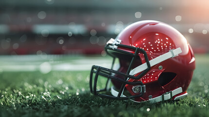 An American football helmet on the stadium field, with a background featuring selective focus 