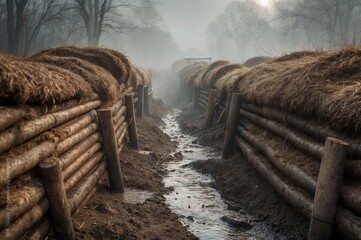 Poster - snow-covered trench in winter sunlight
