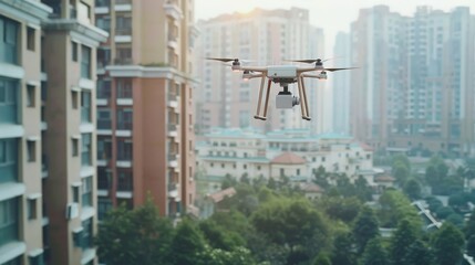 Canvas Print - A smart city hub where drones deliver packages, showcasing the future of urban logistics and convenience.