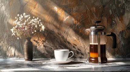 Poster - A stylish coffee setup with a French press, a coffee cup, and a small vase of flowers.