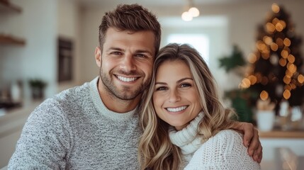 A cheerful couple wearing sweaters hugging and smiling warmly, sitting near a decorated Christmas tree, capturing the joy and essence of the festive holiday season.