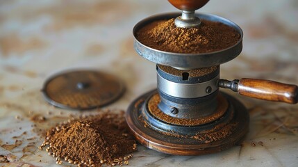 Canvas Print - A vintage-style coffee grinder with a small pile of ground coffee next to it.