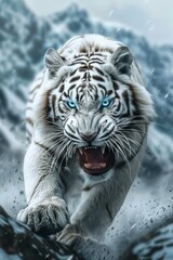 Sticker - A white tiger with glowing blue eyes and a fierce expression is captured from an extreme low angle. Its open mouth and white fur stand out against the snowy mountains in this fantasy photo.