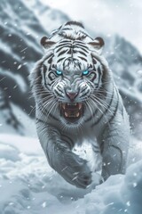 Wall Mural - A white tiger with glowing blue eyes and a fierce expression is captured from an extreme low angle. Its open mouth and white fur stand out against the snowy mountains in this fantasy photo.