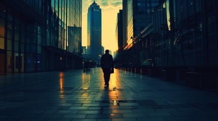 Canvas Print - A worker walking to their office building in the early morning, the city just starting to wake up around them.