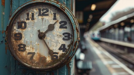 Wall Mural - A worn yet charming railway station clock, with large bold numbers and a distinctive tick, reminiscent of historic train journeys.