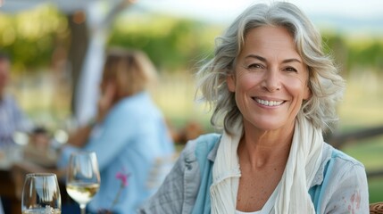 A smiling older woman with grey hair and glasses, holding a glass of wine at a relaxed outdoor gathering. The background is serene with greenery and people around.