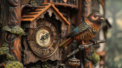 Poster - An antique cuckoo clock with detailed wooden carvings and a charming bird, bringing a touch of whimsy and tradition.