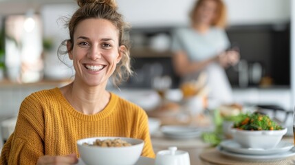 Wall Mural - A woman in a yellow sweater enjoying her breakfast in a sunlit, well-decorated kitchen, with a serene and cheerful ambiance that highlights a peaceful morning routine.