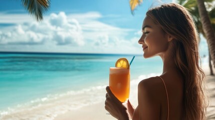 A woman is standing on a beach holding a drink with a straw in it