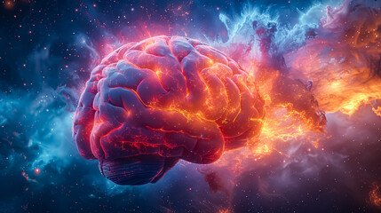 Poster - A brain is floating in space with a fiery orange cloud surrounding it. The brain is surrounded by a galaxy of stars and clouds, giving the image a sense of wonder and mystery