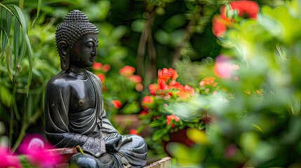 Wall Mural - Serene Buddha statue in a garden, surrounded by blooming flowers and lush greenery. 