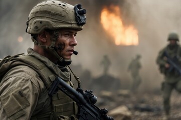 closeup of soldier in combat with dirt and sweat
